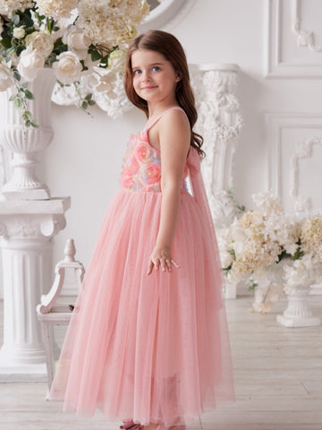 Enchanted Garden Girl Baby Toddler 3D Flower Embellishment Floral Applique Tulle Bow Dress