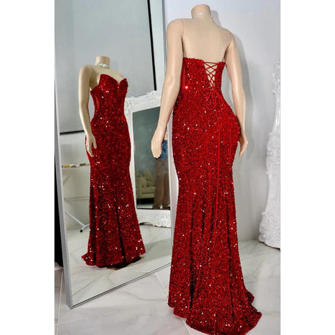 Vestido de noche de sirena con escote en V, sin mangas, con cordones y lentejuelas