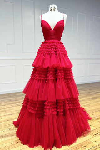 Tulle Tiered Spaghetti Straps Long Prom Dress with Slit
