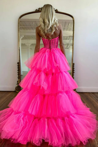 A Line High Low Sweetheart Hot Pink Corset Prom Dress with Appliques