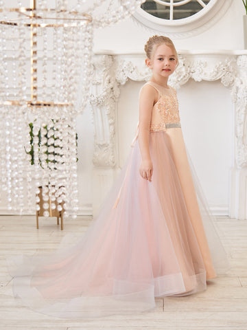 A-line Satin Tulle Sweep Train Champagne Dress (010226776)