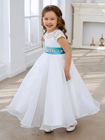 A-line Lace Organza Ankle-length Ivory Flower Girl Dress