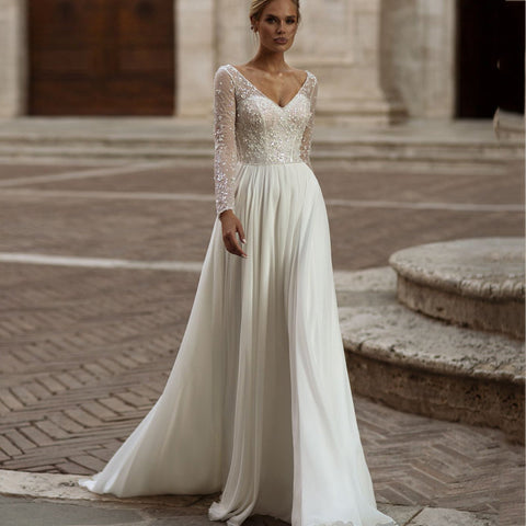 Modern Long Sleeve Wedding Dresses Simple Chiffon Lace Sequined Bridal Gowns Charming Backless A-Line vestidos de noiva