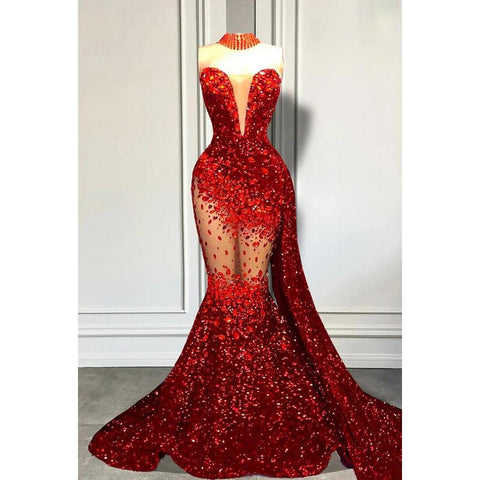 Vestido de fiesta de noche estilo sirena, sexy y atractivo, con lentejuelas, escote en V, sin mangas y volantes