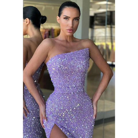 Vestido formal largo sin tirantes con abertura alta y brillante para fiesta de graduación