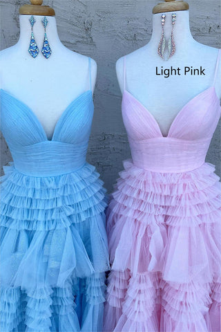 A Line Spaghetti Straps Pink Long Prom Dress with Split