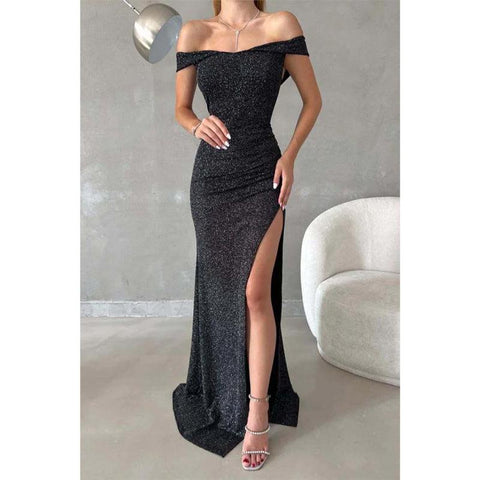 Vestido largo de fiesta formal con escote en V y hombros descubiertos, abertura lateral y brillo 