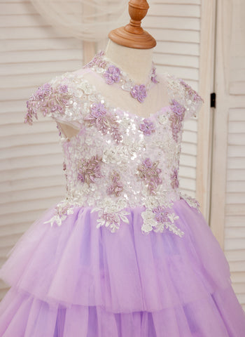 Lilac Tulle Princess Ball Gown with Floral Appliques and Beading for Girls