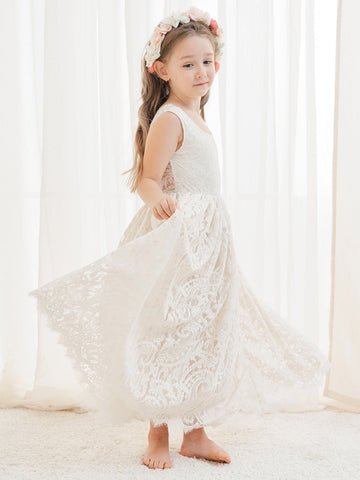 A-line Lace Ankle-length Ivory Boho Flower Girl Dress