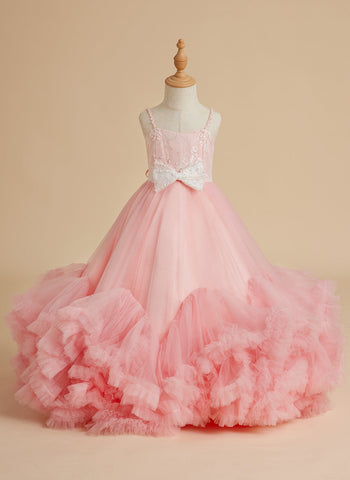 A-line Tulle Floor-length Pink Flower Girl Dress