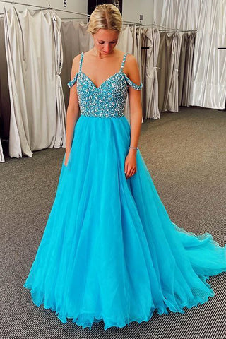 A Line Off the Shoulder Blue Long Prom Dress with Beading