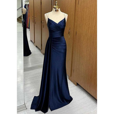 Vestido de noche para fiesta de graduación con escote en V, tirantes finos fruncidos y cola 