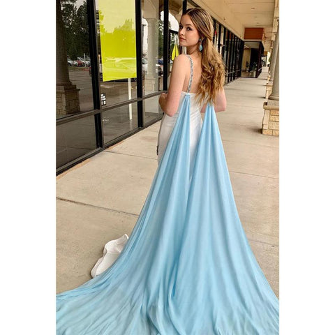 Robe de bal longue à col en V et bretelles perlées avec châle fendu 