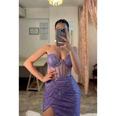 Vestido de fiesta largo con escote corazón, sin tirantes, transparente, con lentejuelas y abertura