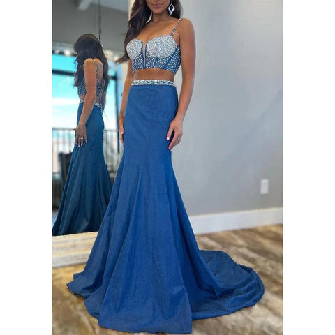 Vestido de fiesta de graduación de dos piezas con tirantes finos y cola, con cuentas 