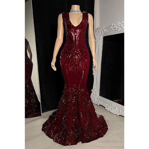 Vestido de fiesta de sirena con apliques de lentejuelas y escote en V sexy para chica negra para Slay