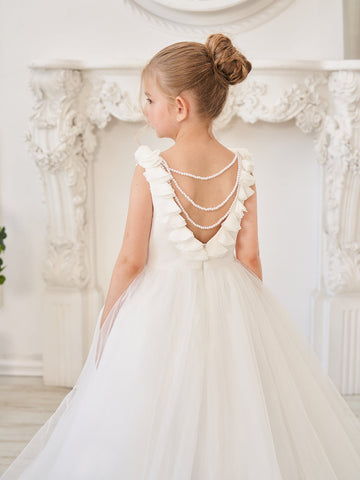 Elegant White Tulle Flower Girl Dress with Sweep Train