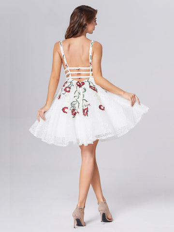 A-Line Deep V-neck Lace Appliques Short Homecoming Dress