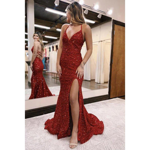 Robe de bal sirène fendue à paillettes, dos nu, bretelles, col en V 