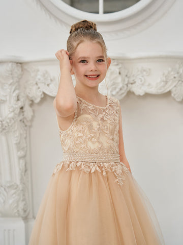Ball-Gown/Princess Tulle Sweep Train Champagne Flower Girl Dress