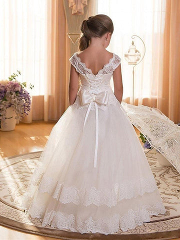 Ball Gown Chiffon Tulle Jewel Neck Wedding Birthday Pageant Flower Girl Dresses With Sleeves