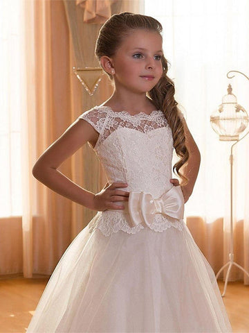 Ball Gown Chiffon Tulle Jewel Neck Wedding Birthday Pageant Flower Girl Dresses With Sleeves