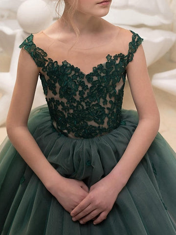 Ball Gown Lace Sleeveless Jewel Neck Pageant Flower Girl Dresses
