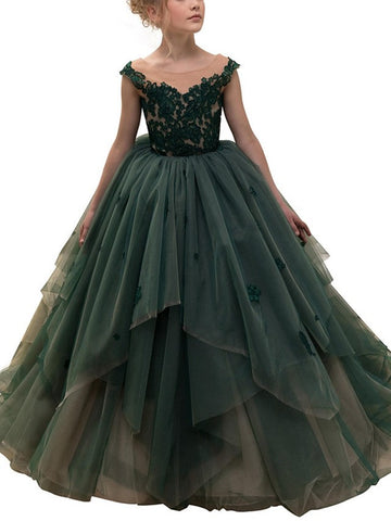 Ball Gown Lace Sleeveless Jewel Neck Pageant Flower Girl Dresses