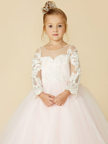 Ball Gown Lace Tulle Wedding Party Pageant Flower Girl Dresses with Sleeves
