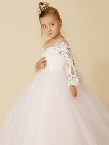 Ball Gown Lace Tulle Wedding Party Pageant Flower Girl Dresses with Sleeves