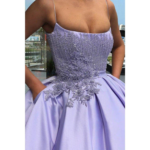 Robe de bal lilas en satin avec appliques, élégante et longue, décolletée plongeante, robe de soirée formelle 