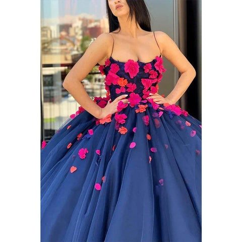 Robe de bal longue en tulle bleu marine avec appliques 3D 
