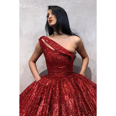 Robe de bal asymétrique bordeaux à paillettes, longue robe de soirée 