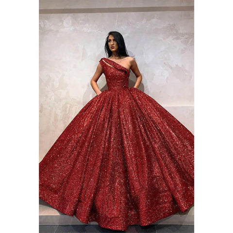 Robe de bal asymétrique bordeaux à paillettes, longue robe de soirée 