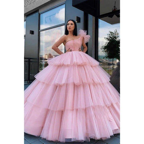 Robe de bal longue en tulle rose à une épaule, robe de soirée formelle 