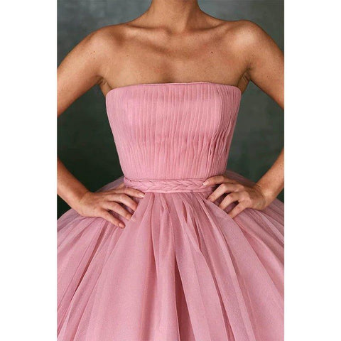 Robe de soirée longue bustier en tulle rose 
