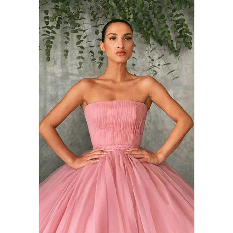 Robe de soirée longue bustier en tulle rose 
