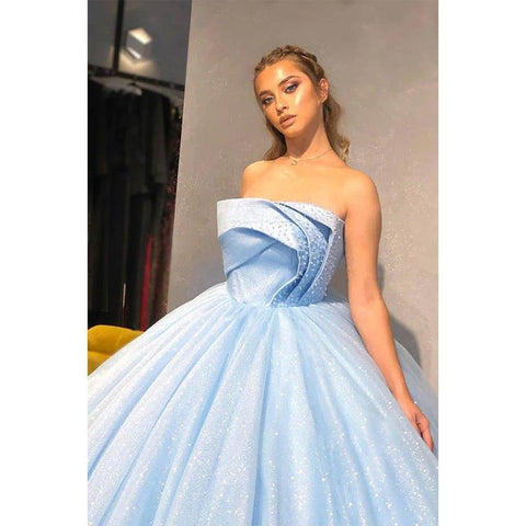Robe de bal bleu ciel en tulle perlé, sans bretelles, longue robe de bal scintillante, robe de soirée formelle 