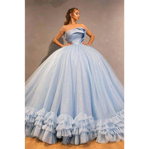 Robe de bal bleu ciel en tulle perlé, sans bretelles, longue robe de bal scintillante, robe de soirée formelle 