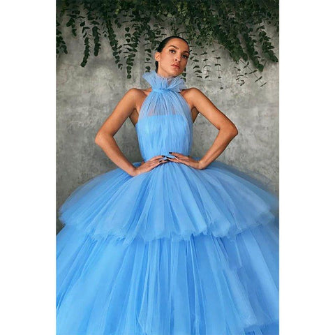 Robe de bal longue en tulle bleu ciel à col haut et robe de soirée formelle 