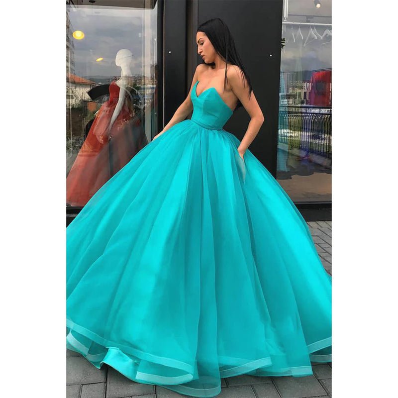 Ball Gown Strapless Long Prom Dress with Pockets Formal Evening Gowns