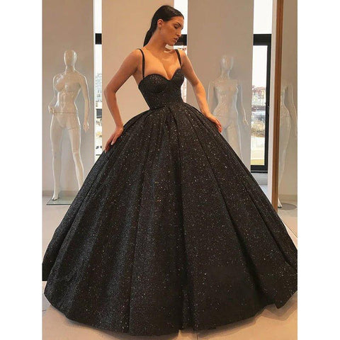 Robe de soirée noire scintillante à bretelles spaghetti et décolleté en cœur 