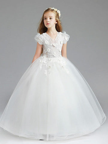 Ball Gown Tulle Short Sleeve V Neck Wedding Party Flower Girl Dresses