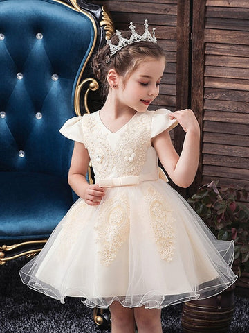 Ball Gown Tulle Short Sleeve V Neck Wedding Party Flower Girl Dresses