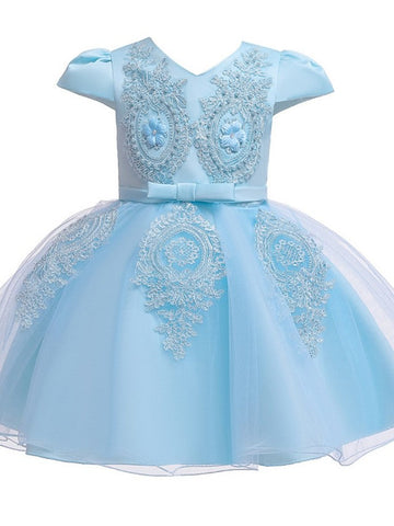 Ball Gown Tulle Short Sleeve V Neck Wedding Party Flower Girl Dresses
