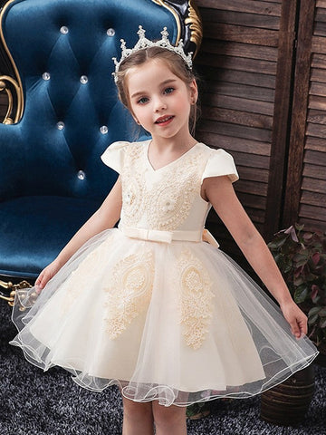 Ball Gown Tulle Short Sleeve V Neck Wedding Party Flower Girl Dresses