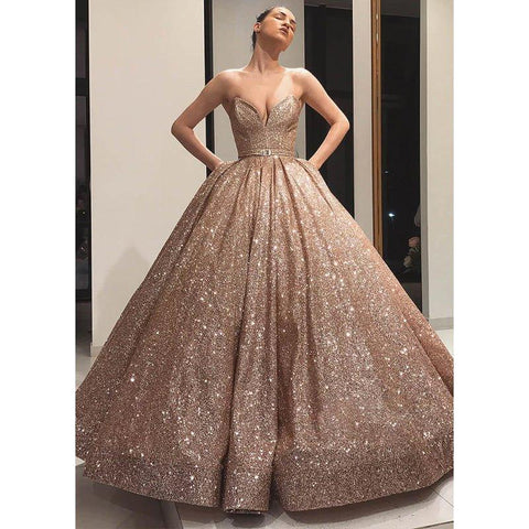 Robe de soirée longue à paillettes dorées et col en V avec poches 