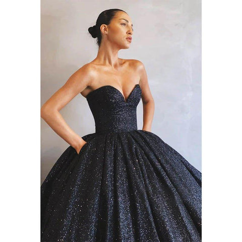 Robe de bal scintillante à col en V et poches 