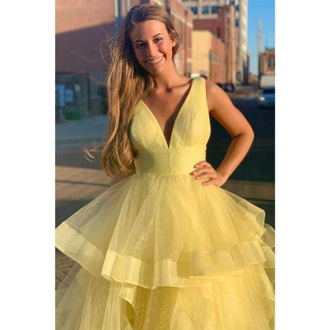 Robe de bal jaune en tulle, robe de bal longue et attrayante à col en V, robe de concours 