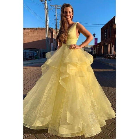 Robe de bal jaune en tulle, robe de bal longue et attrayante à col en V, robe de concours 